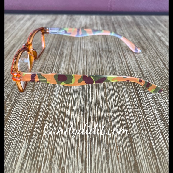 Translucent Orange Camo W/Orange Crystals Bling Reader Glasses With Case - Picture 7 of 11